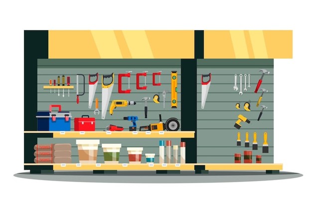 Auto parts store shelves stocked with car parts and accessories